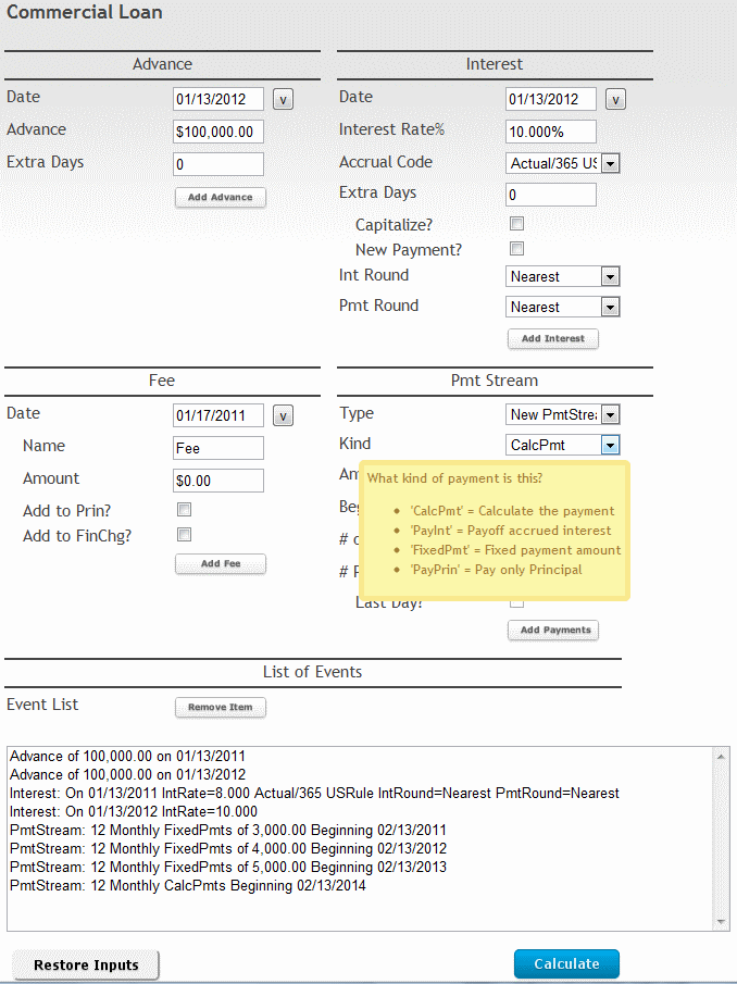 The eWinLoan's commercial loan calculation input screen, illustrating a multiple advance loan with three different payment streams.