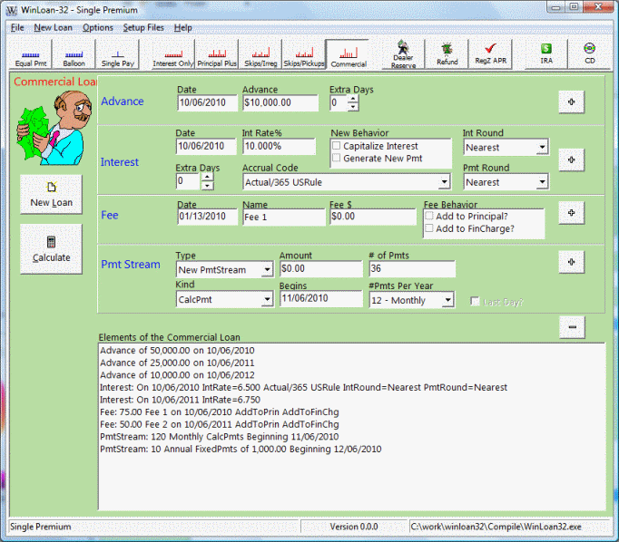 The WinLoan-32's commercial loan calculation input screen, illustrating a
multiple advance loan with two different payment
streams.